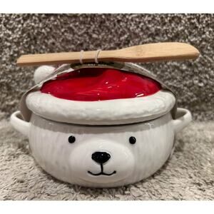 Polar Bear Brie Baker With Santa Hat Lid and Wooden Spatula